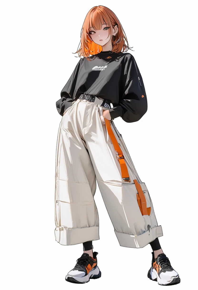 (Masterpiece, highest resolution: 1.2, 8K), center, full body, one girl, medium hair, black orange fashion, wide pants, simple sneakers, simple background, white background, eyes open,
