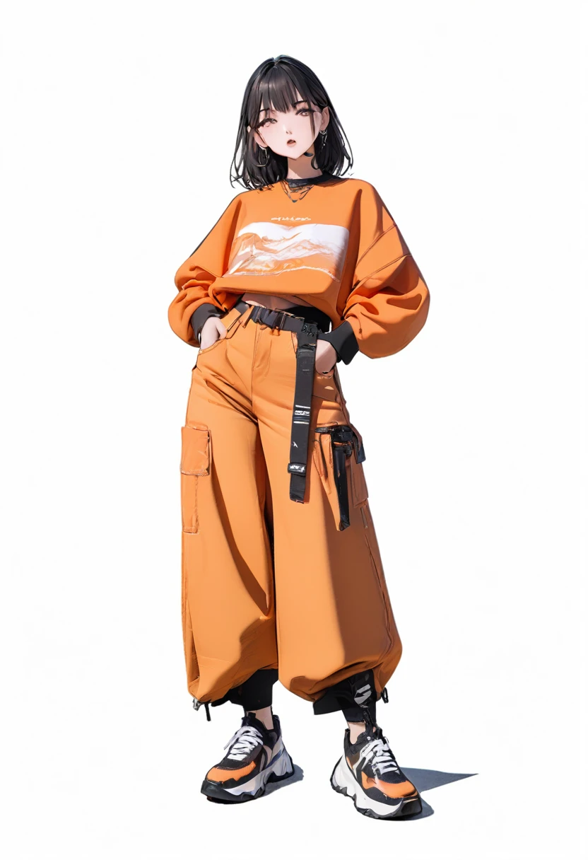 (Masterpiece, highest resolution: 1.2, 8K), center, full body, one girl, medium hair, black orange fashion, wide pants, simple sneakers, simple background, white background, eyes open,