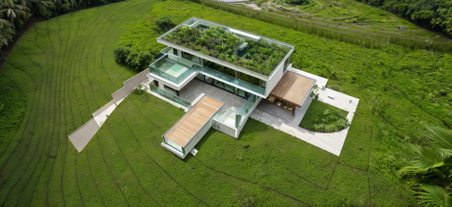 exterior contemporary villa, cladding stone mix with nature wood material, glass rail, glass door, plants on balcony, glass window, ((nice landscape with tropical trees and plants)), green grass, best quality, high quality, master piece, realistic photo, daylight, ((tropical forest in the background)), super detail