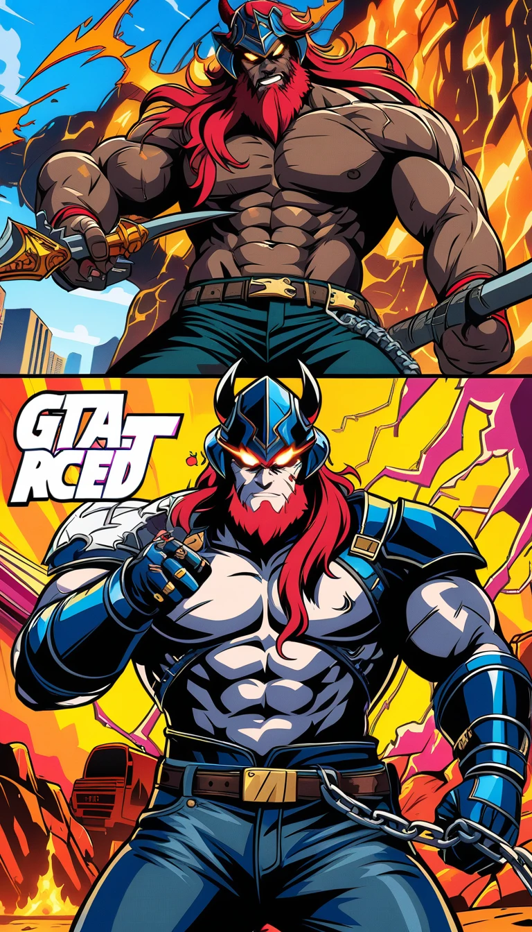 ((best quality)) , ((masterpiece)) , (detailed),axe, 1boy, male focus, horns, glowing eyes, holding, beard, glowing, solo, weapon, holding axe, facial hair, muscular, fire, holding weapon, chain, looking at viewer, long hair, lightning, muscular male, red hair, horned helmet, armor, helmet, belt, fake horns, molten rock, feet out of frame, standing, battle axe, electricity,(((GTA-style artwork ,Satirical, exaggerated, pop art style, vibrant colors, iconic characters, action-packed)))