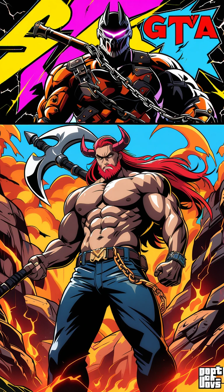 ((best quality)) , ((masterpiece)) , (detailed),axe, 1boy, male focus, horns, glowing eyes, holding, beard, glowing, solo, weapon, holding axe, facial hair, muscular, fire, holding weapon, chain, looking at viewer, long hair, lightning, muscular male, red hair, horned helmet, armor, helmet, belt, fake horns, molten rock, feet out of frame, standing, battle axe, electricity,(((GTA-style artwork ,Satirical, exaggerated, pop art style, vibrant colors, iconic characters, action-packed)))