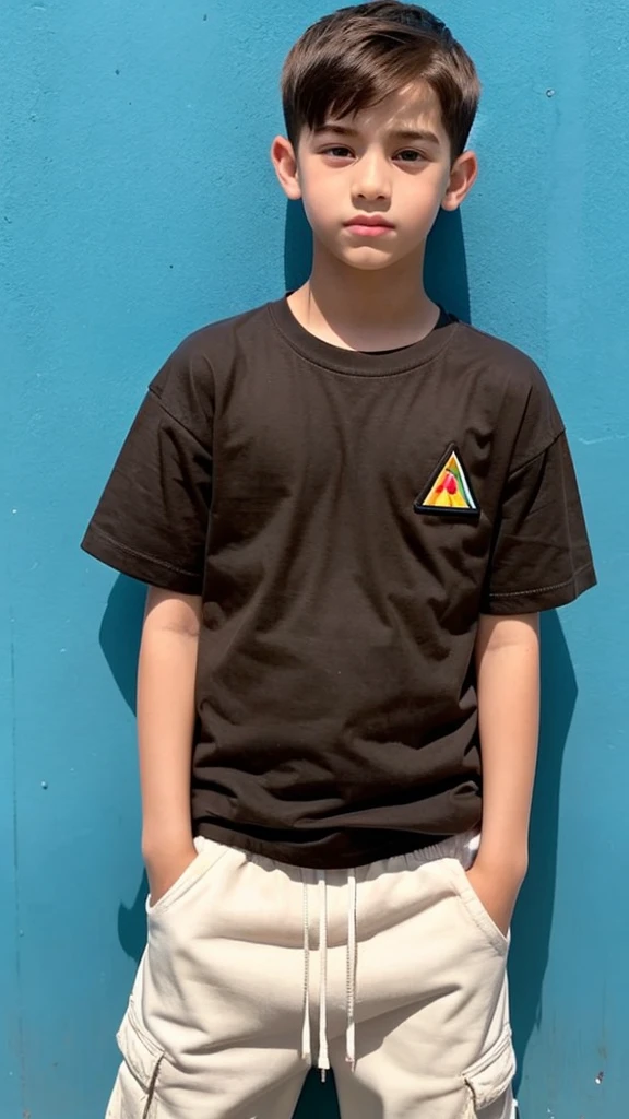 A boy with chocolate brown hair, and dark, perky-shaped eyes, encistado no muro da school all pissed off, He is wearing a white t-shirt and light denim cargo pants, he has a good body care, with a triangular shaped face, He doesn't have a beard, but he has a little mustache, he has a beautiful smile, and a neutral white skin, he is already a teenager and he is tall, with the center part mullet haircut