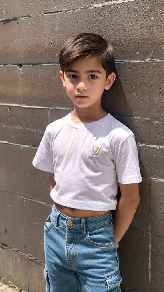 A boy with chocolate brown hair, and dark, perky-shaped eyes, encistado no muro da school all pissed off, He is wearing a white t-shirt and light denim cargo pants, he has a good body care, with a triangular shaped face, He doesn't have a beard, but he has a little mustache, he has a beautiful smile, and a neutral white skin, he is already a ager and he is tall, with the center part mullet haircut