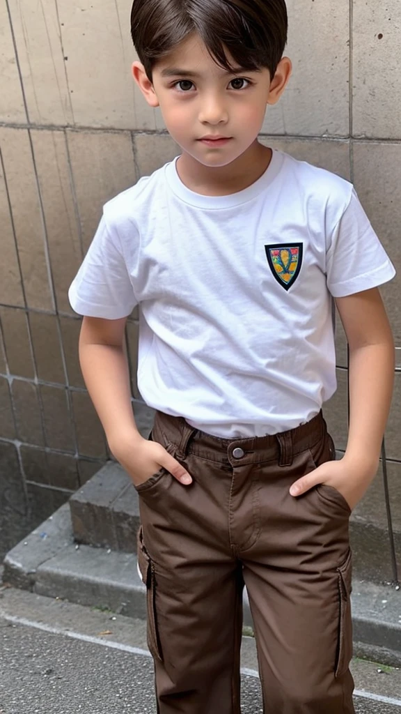 A boy with chocolate brown hair, and dark, perky-shaped eyes, encistado no muro da school all pissed off, He is wearing a white t-shirt and light denim cargo pants, he has a good body care, with a triangular shaped face, He doesn&#39;t have a beard, but he has a little mustache, he has a beautiful smile, and a neutral white skin, he is already a teenager and he is tall, with the center part mullet haircut