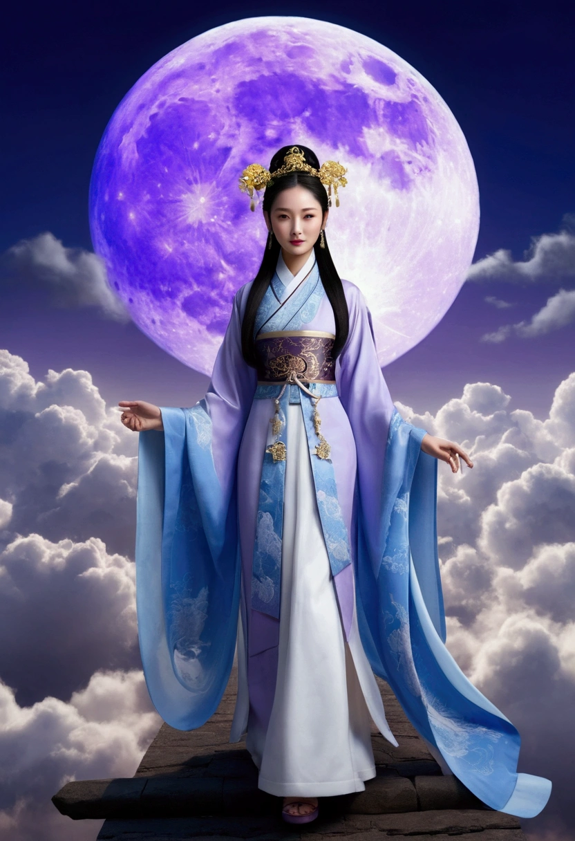 masterpiece,Highest quality,Chinese style,In the sky, The clouds form a huge transparent and shining white goddess,Thick Clouds,The moon shines,Pilgrims' Path,Ultra-realistic,Ultra-photorealism,lavender,8k,High resolution,super high quality,Masterpieces,Upper body only