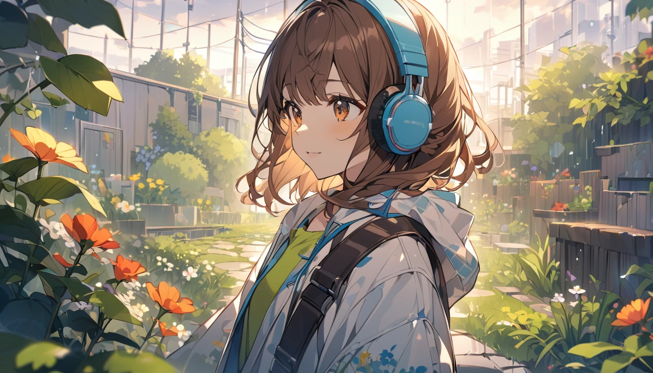 Girl wearing headphones,Brown Hair,1 person,bright,Detailed Background,「Garden after the rain」 - Garden after the rainで感じる新鮮な空気
