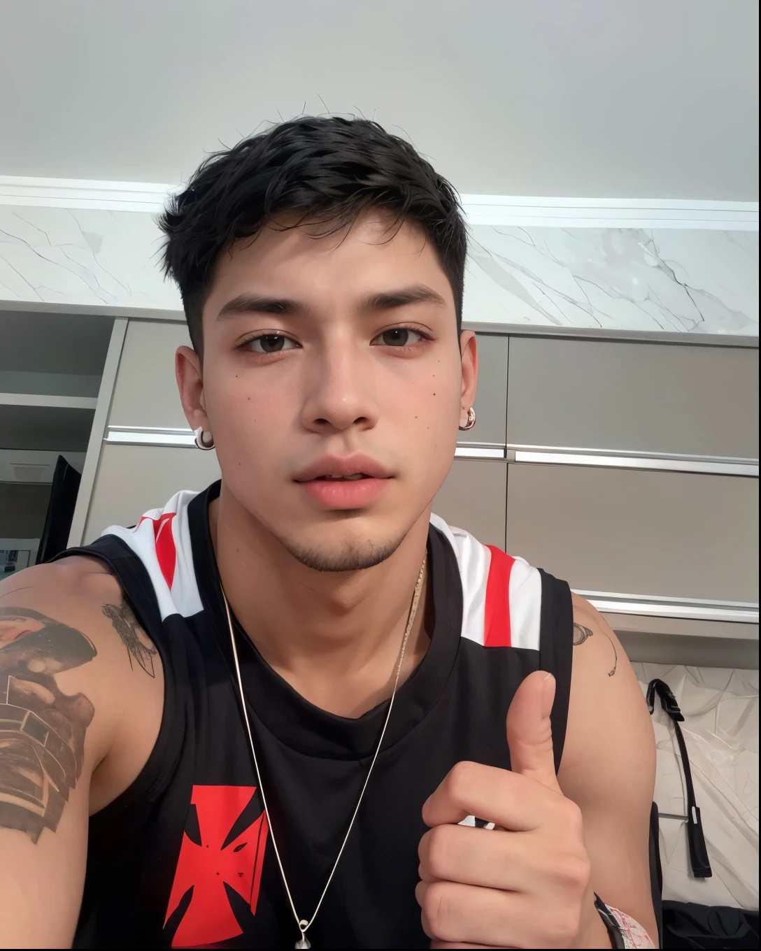 Youngh, age 25, offwhite, smooth handsome goatee, red cap and straight black hair with Flamengo shirt
