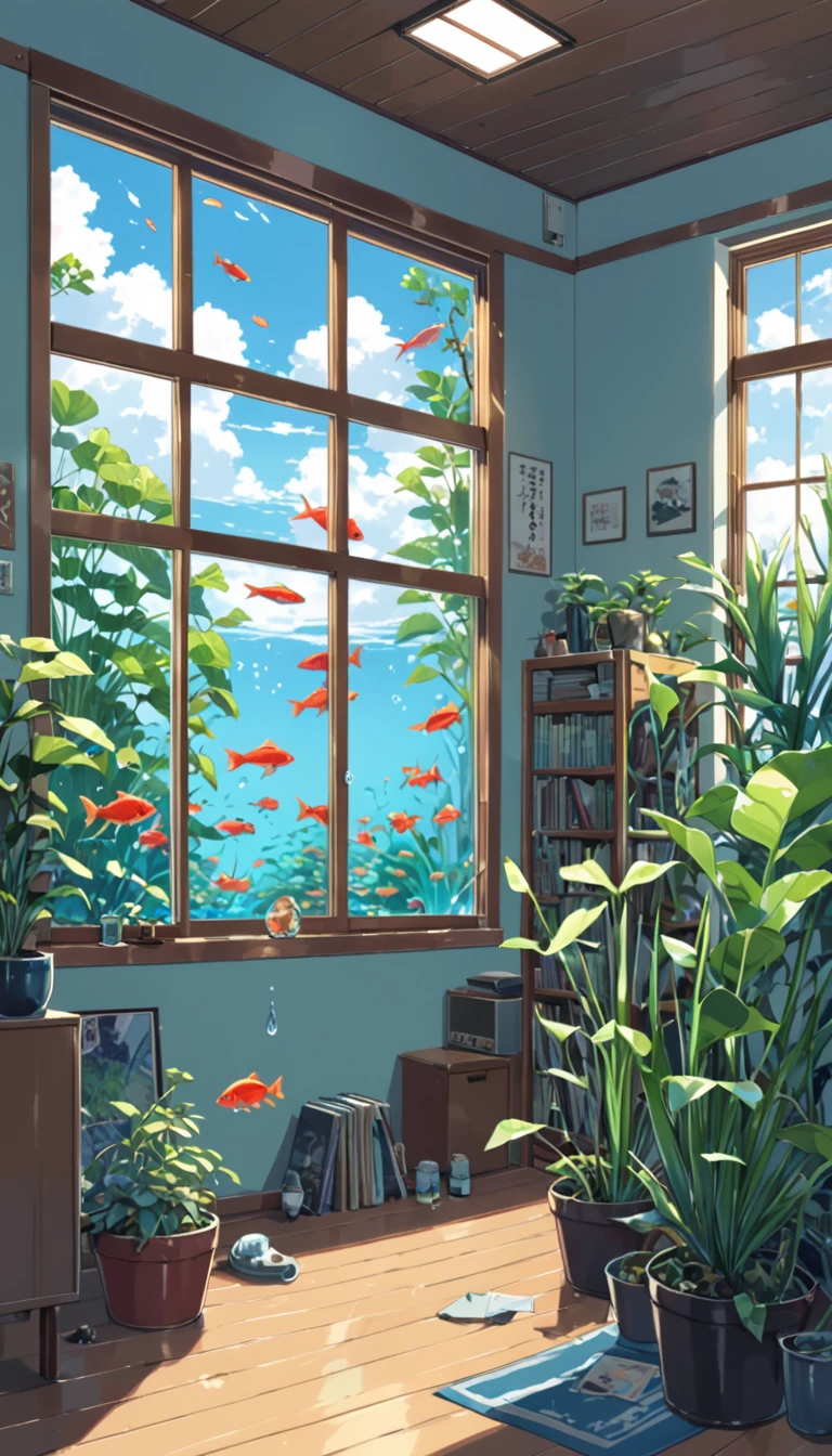 ((anime:1.4,illustration)),(masterpiece, top quality, best quality),(ultra-detailed, absolutely resolution),((16k, high res)). BREAK {lofi art, style of Laurie Greasley, style of Makoto Shinkai, anime aesthetic}, BREAK {The room is filled to the ceiling with water, colorful fish are swimming, water plants are growing, and the window has a clear sky}