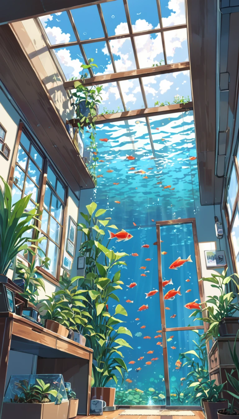 ((anime:1.4,illustration)),(masterpiece, top quality, best quality),(ultra-detailed, absolutely resolution),((16k, high res)). BREAK {lofi art, style of Laurie Greasley, style of Makoto Shinkai, anime aesthetic}, BREAK {The room is filled to the ceiling with water, colorful fish are swimming, water plants are growing, and the window has a clear sky}