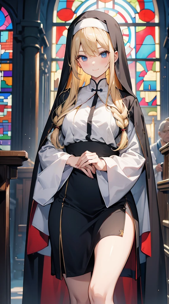 nun,nun服,黑白nun服,Colored hair,nun头巾,Big breasts,Full of figure,Close-up above the waist,Upper body close-up,Church Background,Stained window glass,Mosaic art background,nun,高开叉nun长袍,Robe hem,The front of the robe,The front of the robe hangs down,Knee socks,Knee socks,Knee socks,黑色过膝Silk socks,Silk socks,High slit robe,Silk socks,Knee socks,Prayer posture,Leg ring,sock,Prayer posture,Robe hem,Long hem,Flesh,Long skirt,Long skirt,Long skirt,Long front robe,Front of robe,Long blond hair,blond,cute,gentle,Smile,慈爱的Smile,Wide crotch,Wide crotch,Thin waist,Flesh大腿