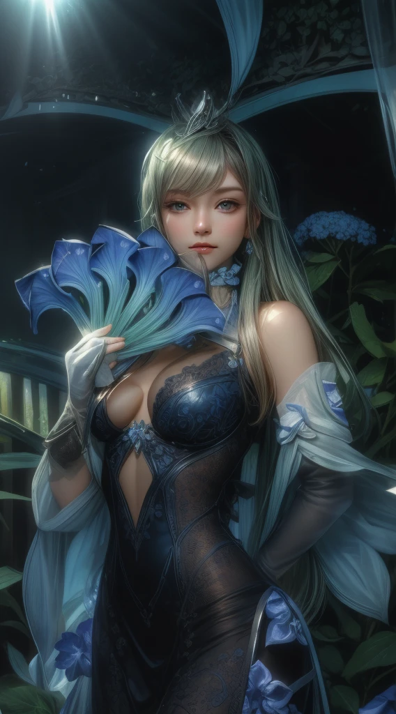 A field of blooming blue hydrangea flowers, lush green foliage, sunlight filtering through the petals, tranquil atmosphere, beautiful detailed petals, soft focus, cinematic lighting, photorealistic, 8k, best quality, masterpiece