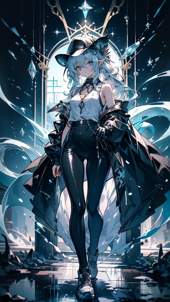 girl,Diamond Dragon Horn,Crystalline hair,Hands made of opal,Mirror-like windbreaker,Milky white dragon tail,madman,Crystal Dragon,Elf ears,Sanhua,alchemy,Sea Monster,Holy See,Chiquita, Huge breast cleavage,Poor milk quality,,白发红Eye,Smooth skin,,As weak as a kitten,Beautifully, 很cute,Beautiful,morbid,cute,Weak,chaste,childish,Small and beautiful,The Wind of the Future,change,White headphones,Equipped with white unknown instrument,Dark blue lines extending to the hands and neck,Black sneakers,Black leggings,Black Gloves,Leg ring,Ribbon,Grey shirt,A black trench coat,Black cowboy hat,abyss,There are unknown monsters around,Bone,Tentacles,Eye,shell,Fluorescence,Middle School and Primary School,Deep Sea Hunter,The bloody scene