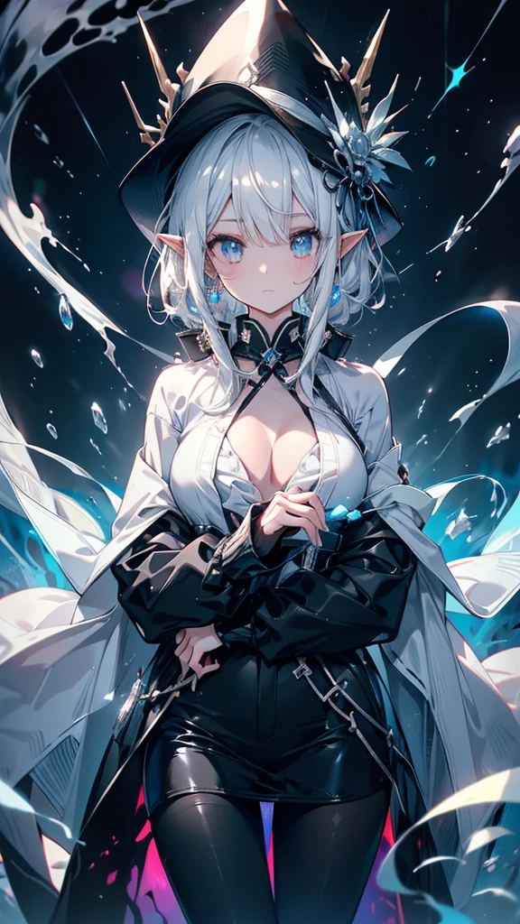 girl,Diamond Dragon Horn,Crystalline hair,Hands made of opal,Mirror-like windbreaker,Milky white dragon tail,madman,Crystal Dragon,Elf ears,Sanhua,alchemy,Sea Monster,Holy See,Chiquita, Huge breast cleavage,Poor milk quality,,白发红Eye,Smooth skin,,As weak as a kitten,Beautifully, 很cute,Beautiful,morbid,cute,Weak,chaste,childish,Small and beautiful,The Wind of the Future,change,White headphones,Equipped with white unknown instrument,Dark blue lines extending to the hands and neck,Black sneakers,Black leggings,Black Gloves,Leg ring,Ribbon,Grey shirt,A black trench coat,Black cowboy hat,abyss,There are unknown monsters around,Bone,Tentacles,Eye,shell,Fluorescence,Middle School and Primary School,Deep Sea Hunter,The bloody scene