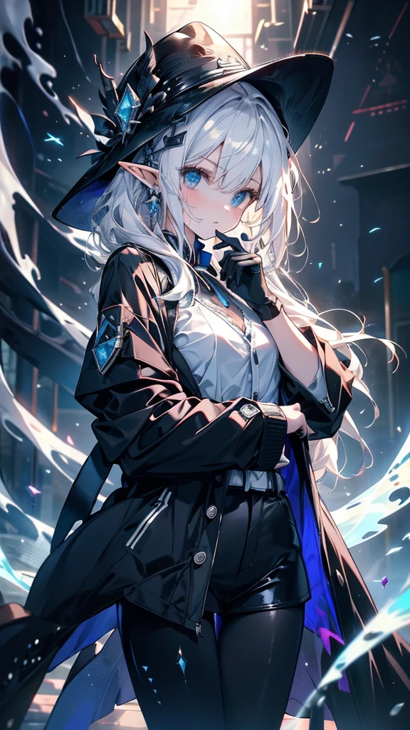 girl，Diamond Dragon Horn，Crystalline hair，Hands made of opal，Mirror-like windbreaker，Milky white dragon tail，madman，Crystal Dragon，Elf ears，Sanhua，alchemy，Sea Monster，Holy See，Chiquita， Huge breast cleavage，Poor milk quality，，白发红Eye，Smooth skin，，As weak as a kitten，Beautifully， 很cute，Beautiful，morbid，cute，Weak，chaste，childish，Small and beautiful，The Wind of the Future，change，White headphones，Equipped with white unknown instrument，Dark blue lines extending to the hands and neck，Black sneakers，Black leggings，Black Gloves，Leg ring，Ribbon，Grey shirt，A black trench coat，Black cowboy hat，abyss，There are unknown monsters around，Bone，Tentacles，Eye，shell，Fluorescence，Middle School and Primary School，Deep Sea Hunter，The bloody scene
