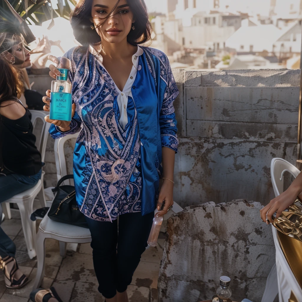 there is a woman standing on a chair holding a perfume, full length portrait holding bottle, holding a bottle of arak, full body shot shot, gorgeous lady, powder Nándor Katona, carrying a bottle of perfume, by Benjamin Marra, stunning woman, by Emerson Silva, por Siona Shimshi, por Romain Brook, photo on iphone