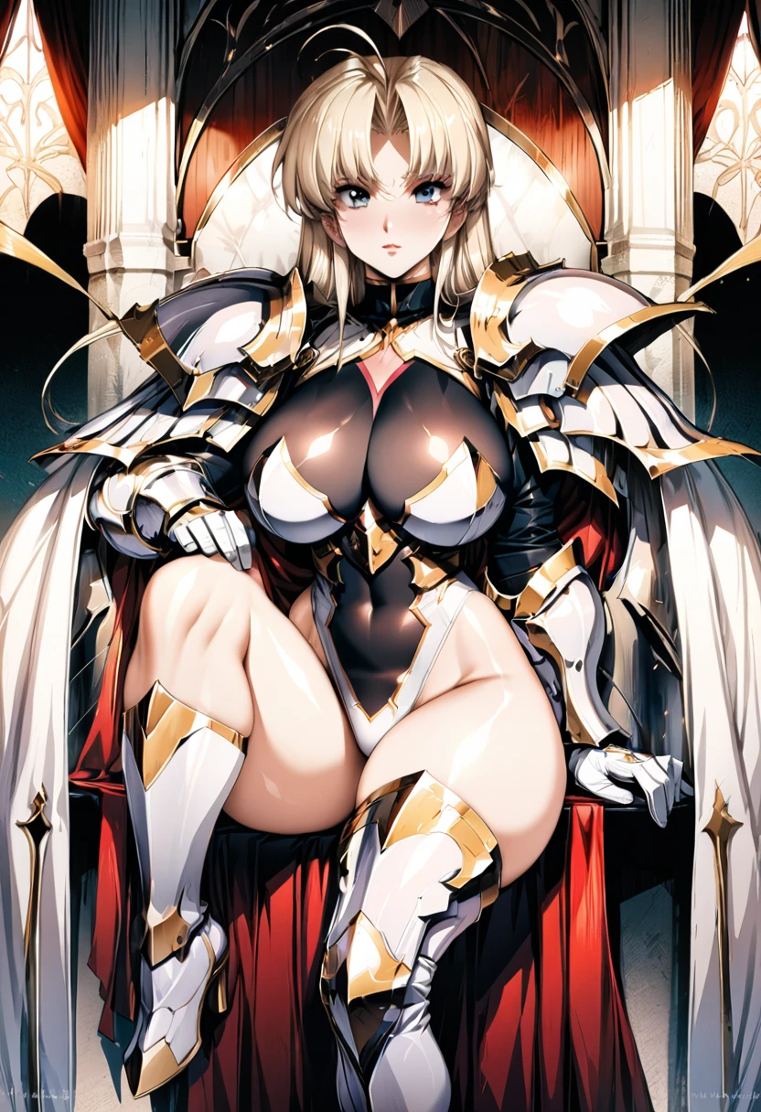 ((highest quality)), ((masterpiece)), ((hyperrealistic)), (detailed background), 1girl, ((curvy: 1.2)), perfect face, Langrisser, Sitting on the throne, ((lamé leotard: 1.5)), ((catsuit)), ((black paladin armor: 1.3)), ((long skirt)), (cloak de cour), gauntlet, gloves, belt, silver straight hair, ahoge, parted bangs, (huge breasts), (see-through cleavage cutout), (zettai ryouiki armored thigh high boots), (pantyhose thigh), beautiful eyes, Perfect hands, perfect fingers,