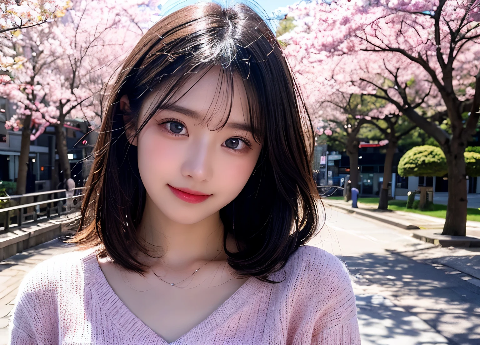 Tabletop, Highest quality, shape, Very detailed, finely, High resolution, 8k wallpaper, Perfect dynamic shape, Finely beautiful eyes, Wearing a pale pink knit,Medium Hair,Natural color lip, smile,harajuku、Teenage Girl、cute、Looking into the camera、flat chest、Brown Hair、The background is a park with cherry blossoms in bloom、Street Snap、Anatomically correct, Ultra high definition, Winner of numerous awards,