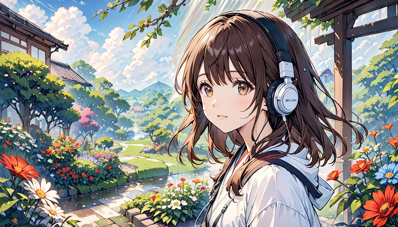 Girl wearing headphones,Brown Hair,1 person,bright,Detailed Background,「Garden after the rain」 - Garden after the rainで感じる新鮮な空気
