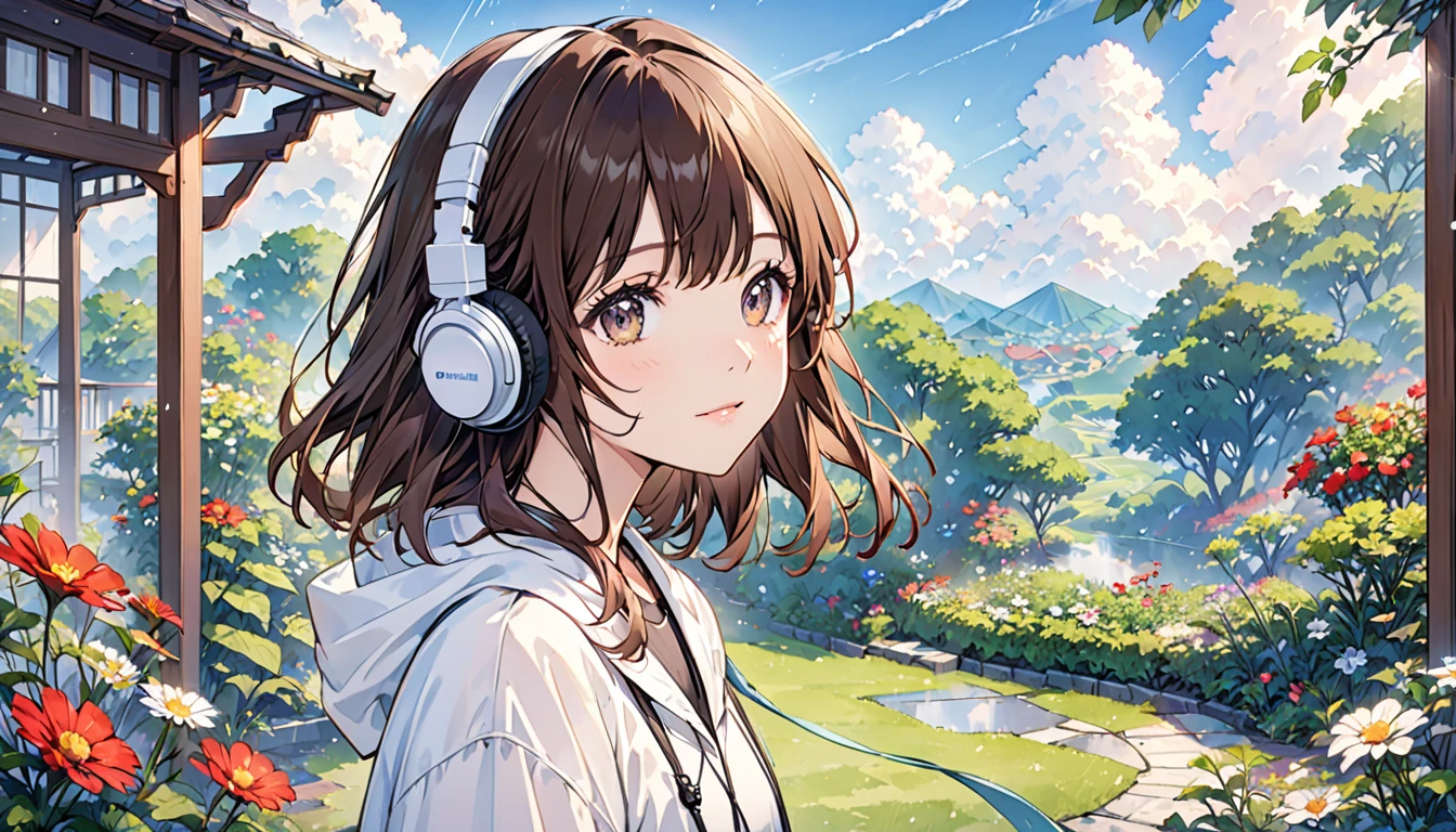 Girl wearing headphones,Brown Hair,1 person,bright,Detailed Background,「Garden after the rain」 - Garden after the rainで感じる新鮮な空気