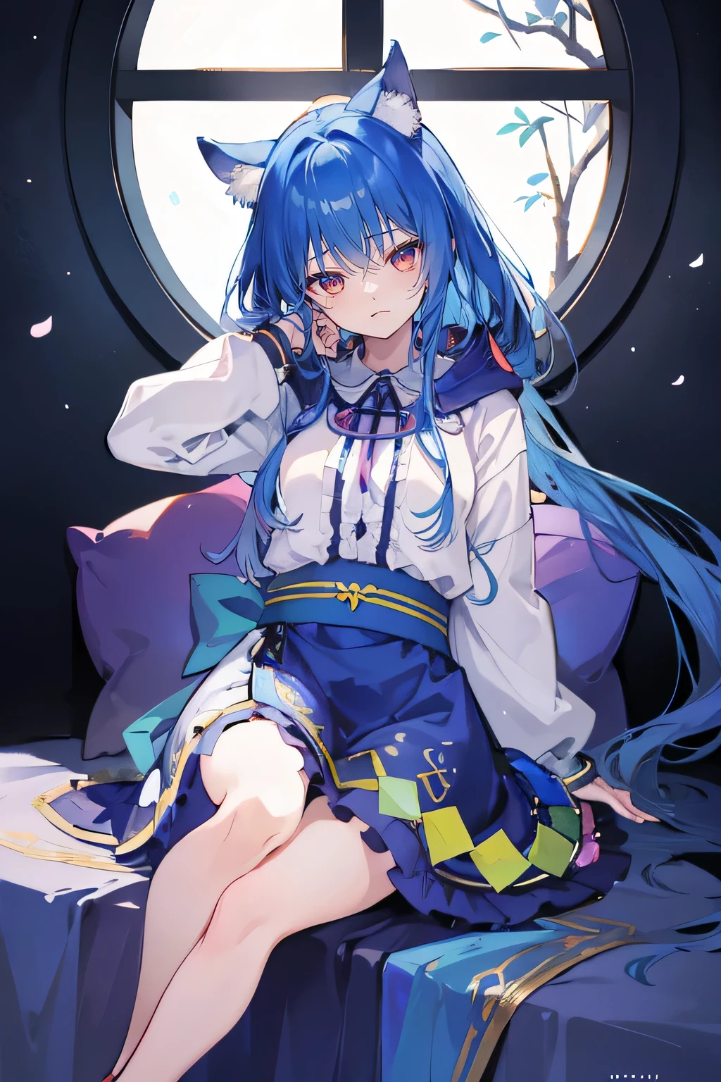 （masterpiece：1.2），Super detailed，lifelike，Expressive eyes，fair skin，perfect face shape，1 girl，
Japanese comics,Gorgeous blue hair,flowing blue hair,flowing clothes,Cat ears,Petals fall,beautiful lola,Baby Angel,
Shaking head with one hand，Cross your legs，Gentle and peaceful background，The pavilion is cool and comfortable,smile, wearing hoodie, In front of the window,snowing，Clear sky，Witch costume，Sitting sideways，Look from the bottom up。