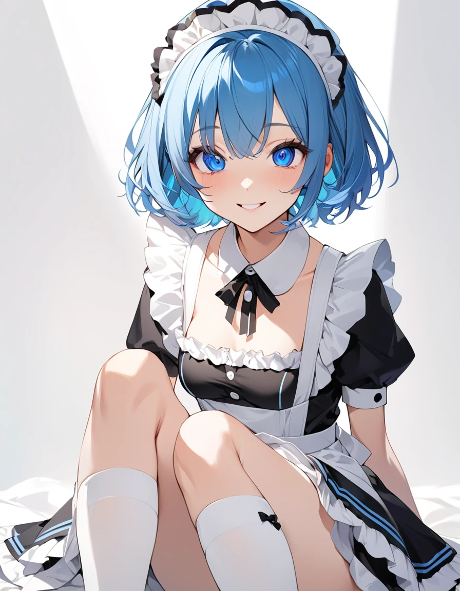 Beautiful girl in maid、(Top quality illustrations:1.2), (pretty girl:1.1), (1 girl、17 years old、Top quality illustrations:1.2), (1 girl、smile、Medium chest、Highly detailed eyes:1.2)、Bright blue hair、Short Bob Hair、(Black and white maid costume、White knee-high socks) 、White background、Simple Background
