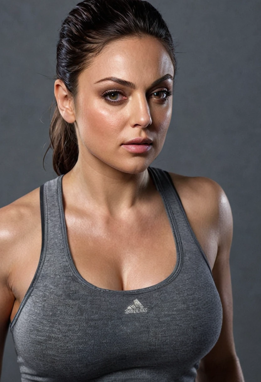 Looks like Mila Kunis, heavy physique, massive breast, muscular body, muscular female, heavy figure, wide body, Wearing a tank top, thick figure, Capture Lara Croft in a luminous photograph that showcases her fearless spirit and undeniable beauty, Bring her to life with intricate details and a realistic portrayal,detailed skin, perfect eyes, highlighting her iconic symmetry, Realism, textured skin, super detail, award winning, best quality, 16k, retina, ruined place cinematic background, cinematic lighting, busty