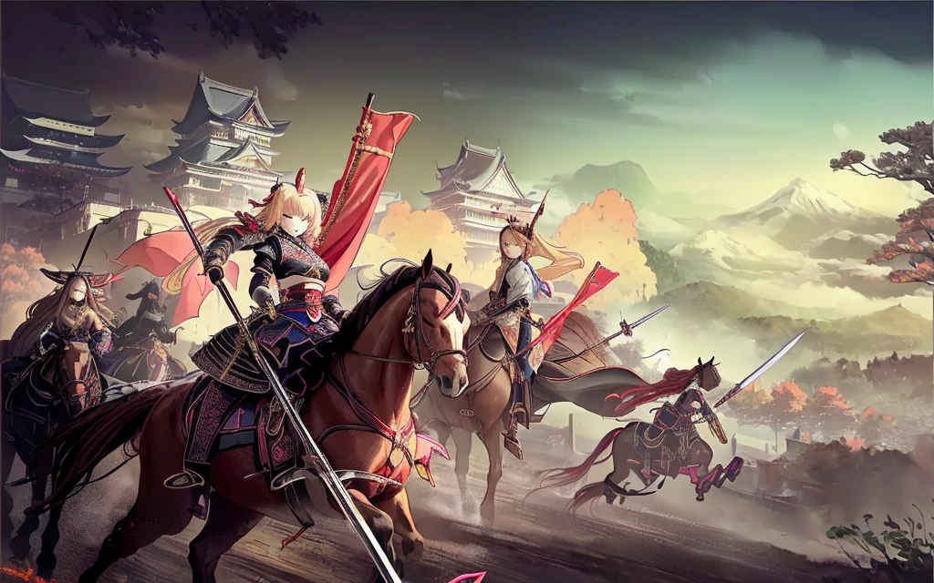 Female, (girls:1.5), (exceptional, best aesthetic, new, newest, best quality, anime, waifu:1.2), best quality, ultra detailed, absurdres, highres, colored, good anatomy, Japanese Samurai armor, swords, Kimono clothes, capes, cavalry, horse, horsemen, horsemen holding spear, red flags Japanese castle, mountain, tree