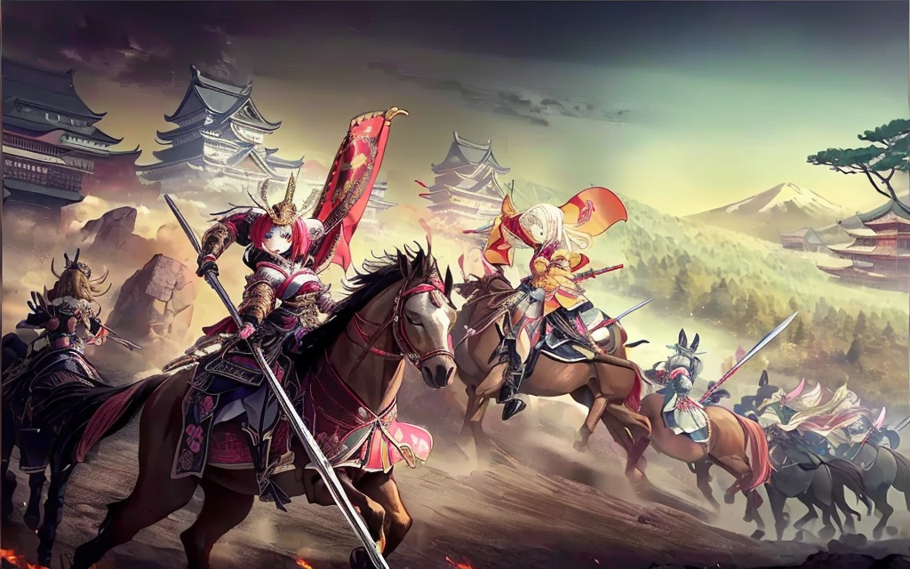 Female, (girls:1.5), (exceptional, best aesthetic, new, newest, best quality, anime, waifu:1.2), best quality, ultra detailed, absurdres, highres, colored, good anatomy, Japanese Samurai armor, swords, Kimono clothes, capes, cavalry, horse, horsemen, horsemen holding spear, red flags Japanese castle, mountain, tree