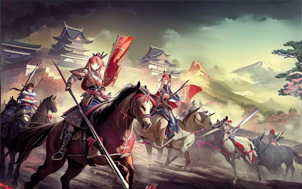 Female, (girls:1.5), (exceptional, best aesthetic, new, newest, best quality, anime, waifu:1.2), best quality, ultra detailed, absurdres, highres, colored, good anatomy, Japanese Samurai armor, swords, Kimono clothes, capes, cavalry, horse, horsemen, horsemen holding spear, red flags Japanese castle, mountain, tree