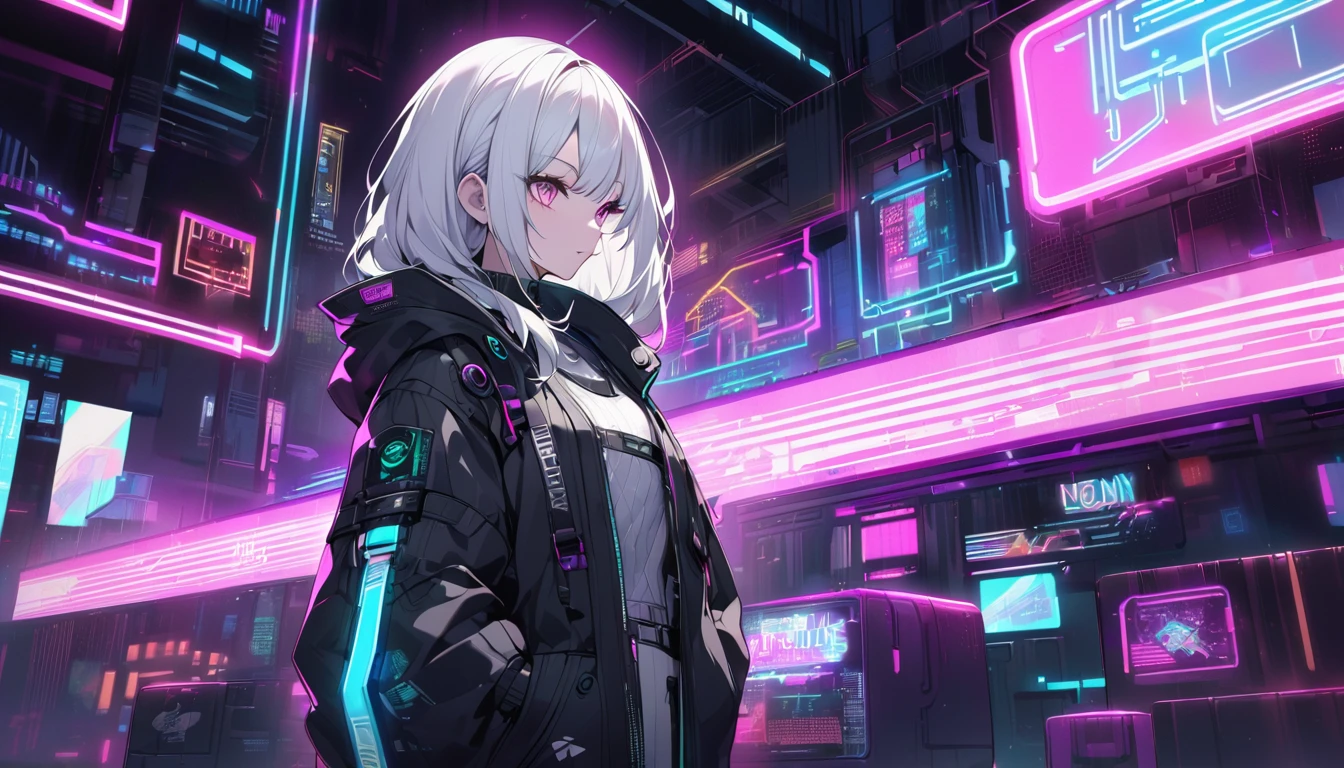 mysterious。White Hair Girl。Detailed Background。White Hair Girlが未来都市の高層ビルを背にしているシーン。Her outfit is cyberpunk style.、Incorporating technology into the mix。The background features neon lights and holograms.。