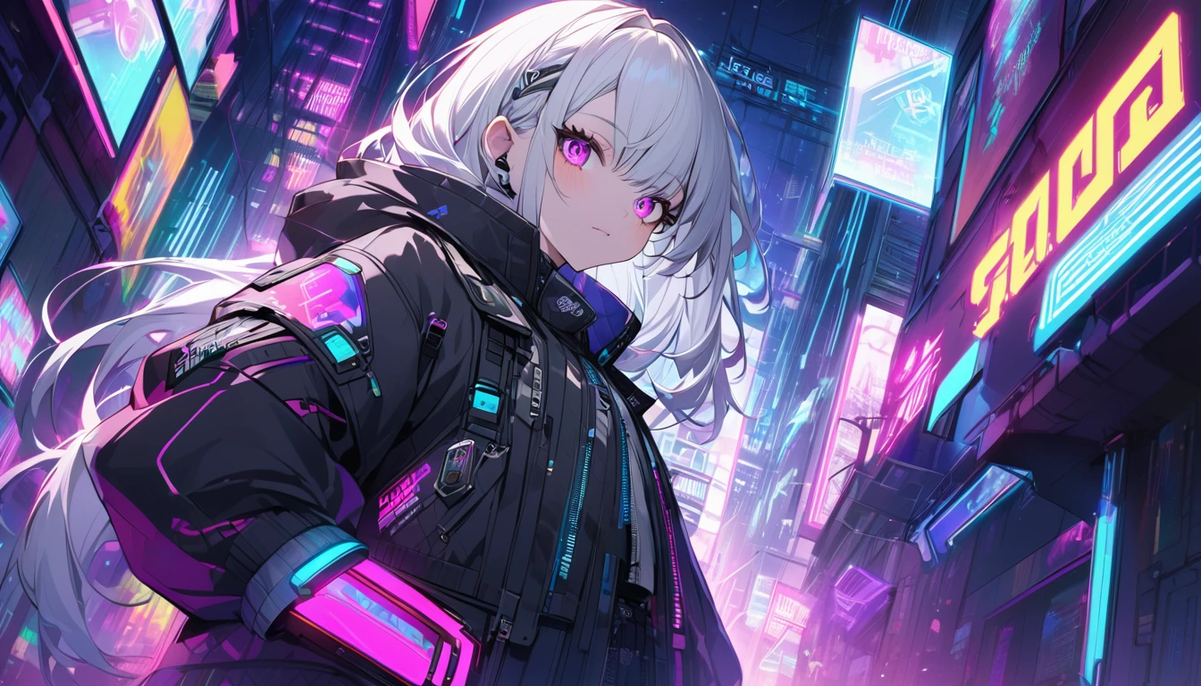 mysterious。White Hair Girl。Detailed Background。White Hair Girlが未来都市の高層ビルを背にしているシーン。Her outfit is cyberpunk style.、Incorporating technology into the mix。The background features neon lights and holograms.。