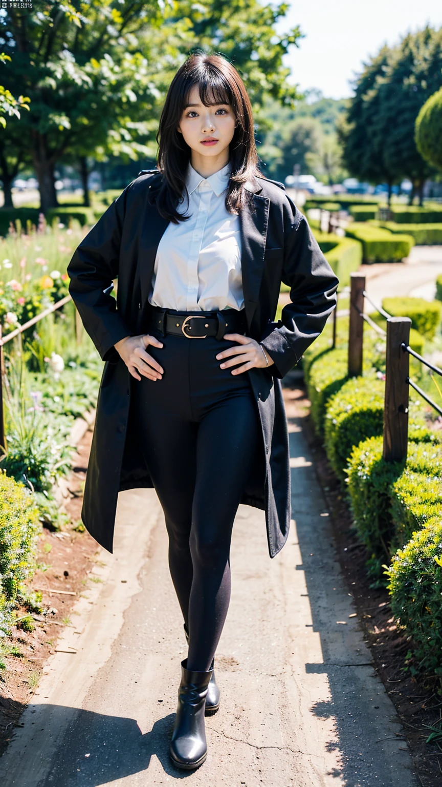 (8k、RAW Photos、Highest quality、masterpiece:1.2)、(Realistic、Realistic)、1 Girl、((coat、Black hortcuts、Check shirt、boots、tights、garden、View from the front、Looking at the camera、belt、Hands on your hips))、cute