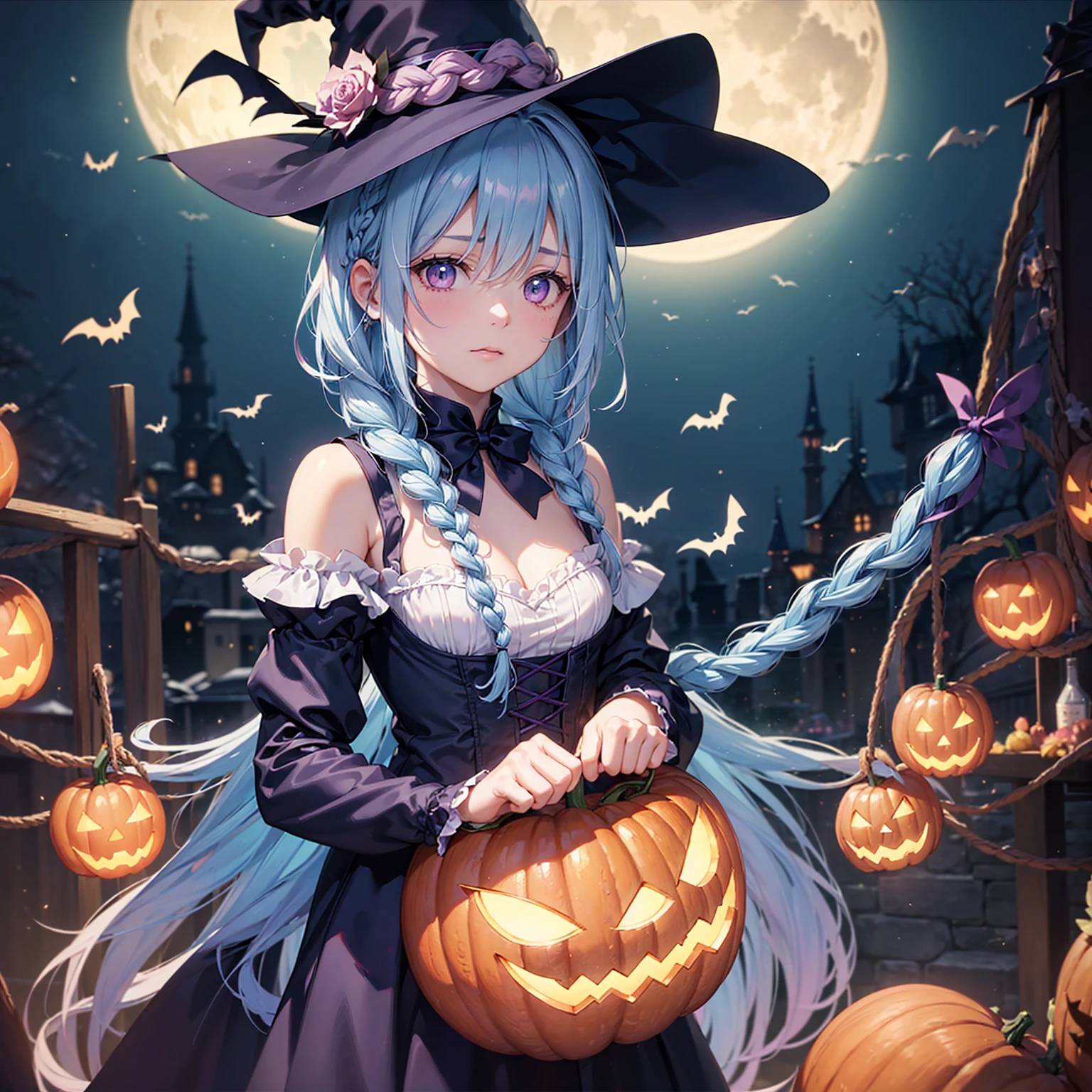 (Light blue medium hair:1.2),(Braided hair:1.2)、Pink eyes、Fair skin、cowboy shot、Halloween、The background is a pumpkin ghost、Crescent Moon、Trick or Treat、A lot of sweets、witch、Halloween night、Candy、many bat、Condescending expression、solo、(masterpiece、Highest quality、Very detailed、Best Shadow)、(Detailed Background)、(Beautifully detailed face)、High contrast、(Best lighting、Very delicate and beautiful)、(Cinematic Light)、colorful、Hyper Detail、Dramatic Light、Exquisite detail、