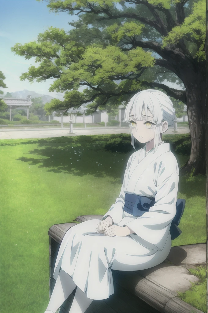kimetsu no yaiba style, 1girl, white hair , solo, yellow eyes, holding a katana ,white hair, white kimono with blue flowers , outdoors, tree, anime coloring, ((masterpiece)) , day background , beautiful girl, cute, solo , crying face, hold her face, sitting on the grass ((high quality))