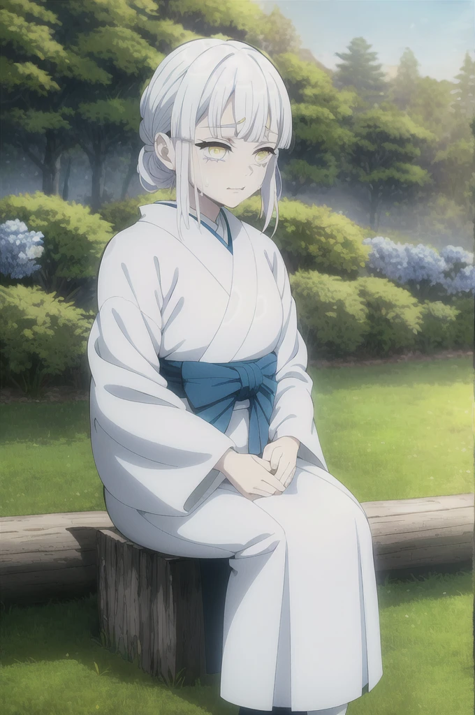 kimetsu no yaiba style, 1girl, white hair , solo, yellow eyes, holding a katana ,white hair, white kimono with blue flowers , outdoors, tree, anime coloring, ((masterpiece)) , day background , beautiful girl, cute, solo , crying face, hold her face, sitting on the grass ((high quality))