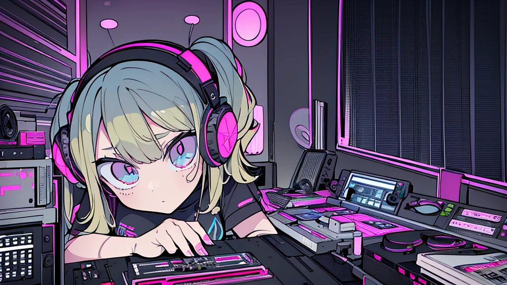 Best quality, (masterpiece), best detail face,1 girl, hot breasts, 18 yo, 8k,absurdres,unity 8k wall paper,(extremely detailed:1.3), highest realistic, (retro headphones:), (soft neon light:), (psychedelic), Her room full of music equipment and records, sports wear , See the whole room , dark grey color pallet, blonde hair