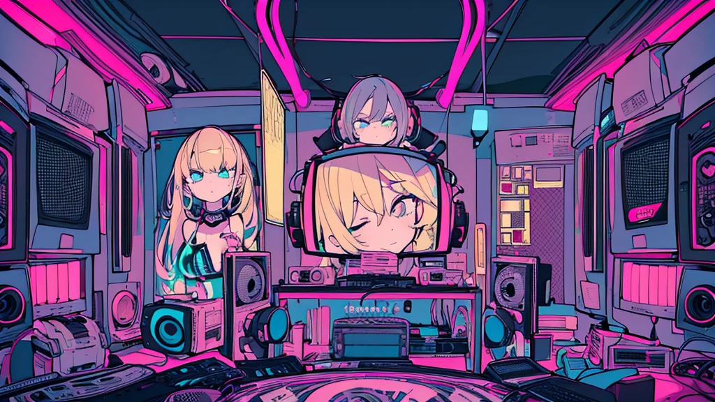 Best quality, (masterpiece), best detail face,1 girl, hot breasts, 18 yo, 8k,absurdres,unity 8k wall paper,(extremely detailed:1.3), highest realistic, (retro headphones:), (soft neon light:), (psychedelic), Her room full of music equipment and records, sports wear , See the whole room , dark grey color pallet, blonde hair

