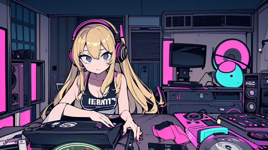 Best quality, (masterpiece), best detail face,1 girl, hot breasts, 18 yo, 8k,absurdres,unity 8k wall paper,(extremely detailed:1.3), highest realistic, (retro headphones:), (soft neon light:), (psychedelic), Her room full of music equipment and records, sports wear , See the whole room , dark grey color pallet, blonde hair
