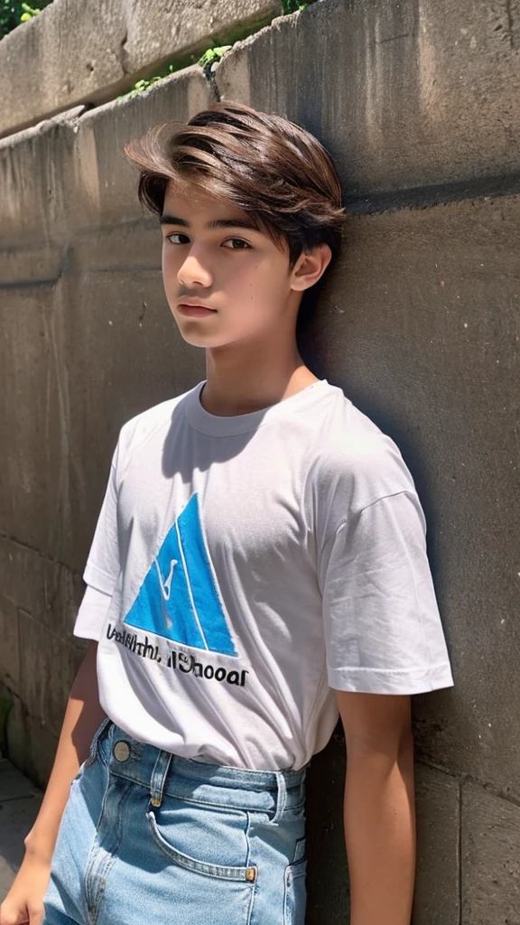 A teenager with chocolate brown hair, and dark, perky-shaped eyes, encistado no muro da school all pissed off, He is wearing a white t-shirt and light denim cargo pants, he has a good body care, with a triangular shaped face, He doesn't have a beard, but he has a little mustache, he has a beautiful smile, and a neutral white skin, he is already a teenager and he is tall, with the center part mullet haircut