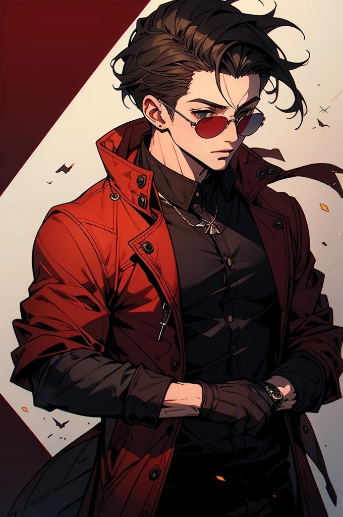 ((illustration)), (best quality)), ((masterpiece)), (detailed), ((front view)) anime, adult, male, dark hair, albertwesker, jacket, black gloves, coat, sunglasses, leather, upper body, shadowarmy