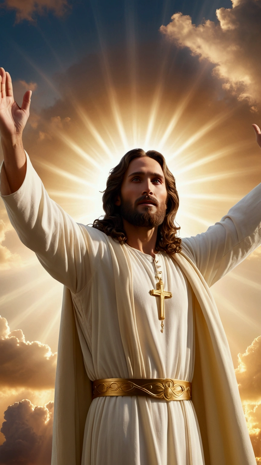A captivating photograph of Jesus, in cinematic style with open arms, standing in the clouds, with long wavy hair and a beard, exudes a divine aura, a soft and intense light that seems to emanate from his entire being, outlining his silhouette. Jesus is in heaven, a cosmic and divine environment surrounded by bright clouds. The divine light, with tones of white and gold illuminate the scene, on his face an expression of serenity and joy. panoramic view, creating a halo that softly illuminates the faces of Jesus. .The image is bathed in a soft, golden light, creating a dramatic and moving atmosphere., photographic, panoramic view, cinematic, intricate details, perfect eyes, perfect skin, perfect face, 4k photorealistic, realistic image, dynamic lighting, hyper- Detailed, ultra-realistic and realistic textures, panoramic view.