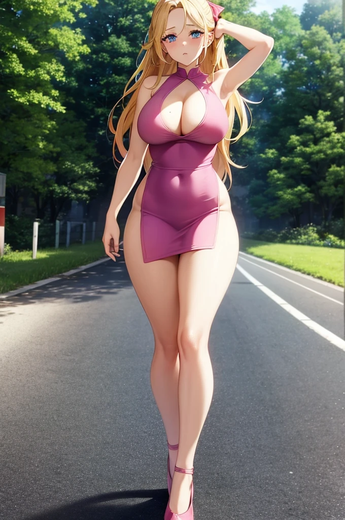 Extremely cute busty beautiful woman, super bright flawless shiny fair skin, bright pink blushes, big blue eyes, long blonde hair, red ribbon on hair, plain short revealing white dress, yellow heels, tender arms, thick thighs, big ass, G-cup breasts, hourglass figure, pink lips, cute scared expression, empty road in the background, day time, standing.
