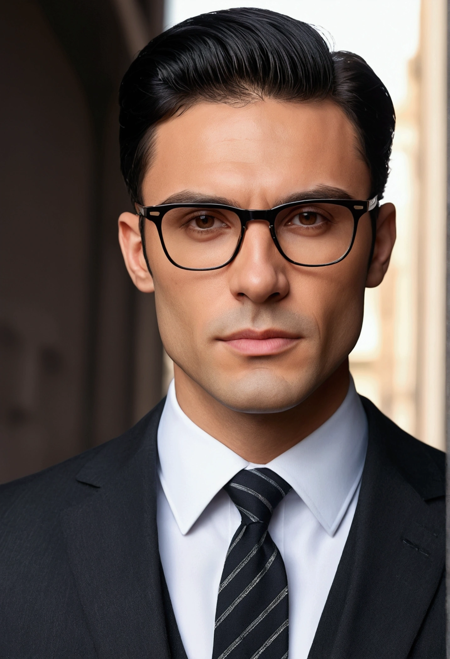 full-length man in suit and tie, suit and glasses, masculine face, firm chin line, dimpled chin, shaped jaw, wide cheekbones, black hair, Rafael Personnas, men in glasses, Ethan Klein, black hair, neat hairstyle, wide jaw, wide cheekbones, rectangular face, rounded chin, dimpled chin, brown eyes, deep-set eyes, wide nostrils, hooked nose, photorealistic face, realistically rendered face, very realistic face, accurately detailed face, very high quality face, one realistic face, 8k highly detailed face professional portrait close-up, business suit, Paolo Parente style, business suit, professional portrait in profile, business suit, portrait of man in suit, full-length, full-length man, full-length man, full-length, full-length photo, full-length portrait of man in suit full-length, free pose, dynamic pose, free background, cinematic lighting, professional lighting, bright light, natural lighting, light tones