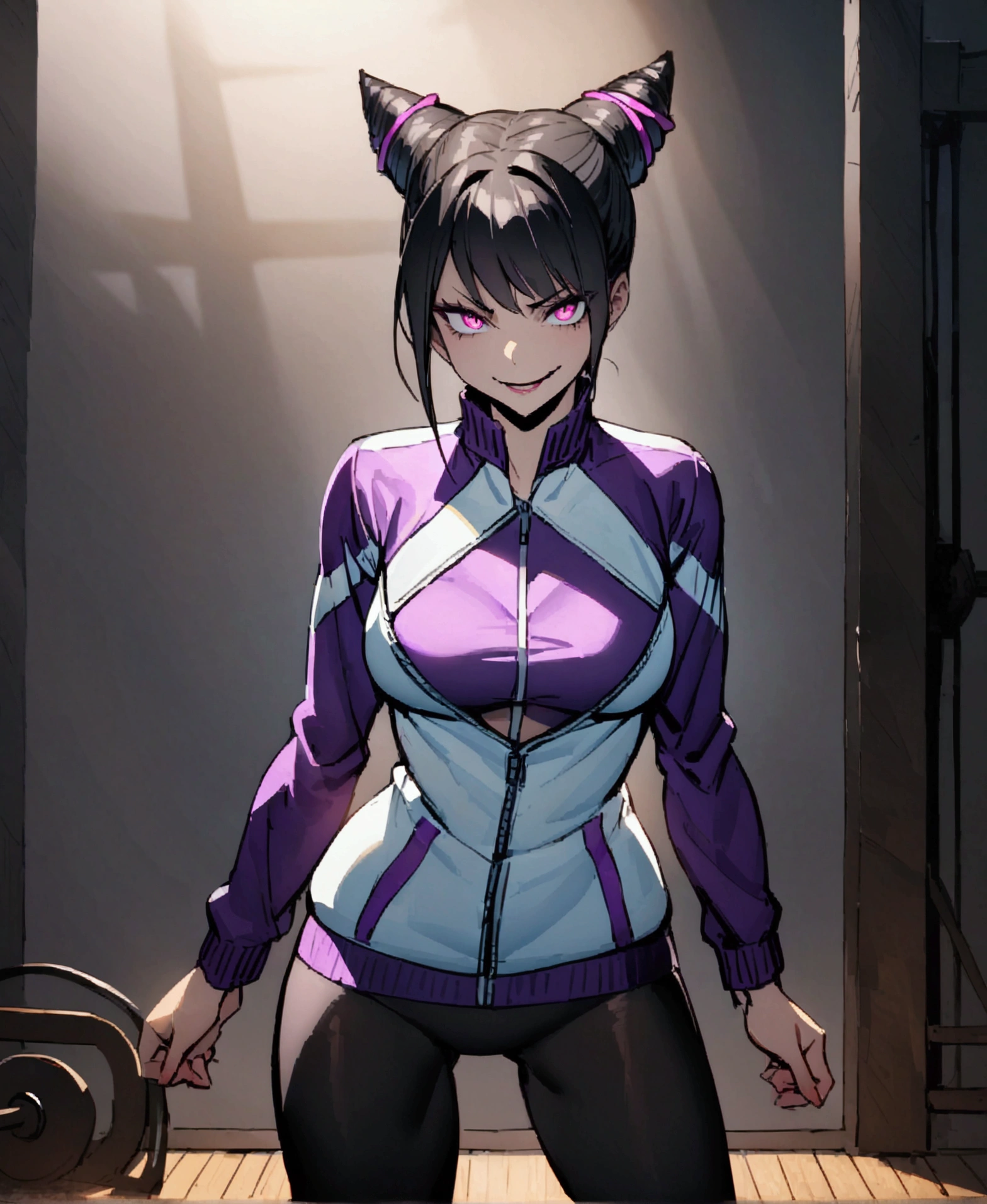 beautiful young fitness woman with , in a gym wearing May with black pantyhose, white and purple fitted gym jacket. standing alone,hair horns,bright purple eyes,Evil smile,legging preto