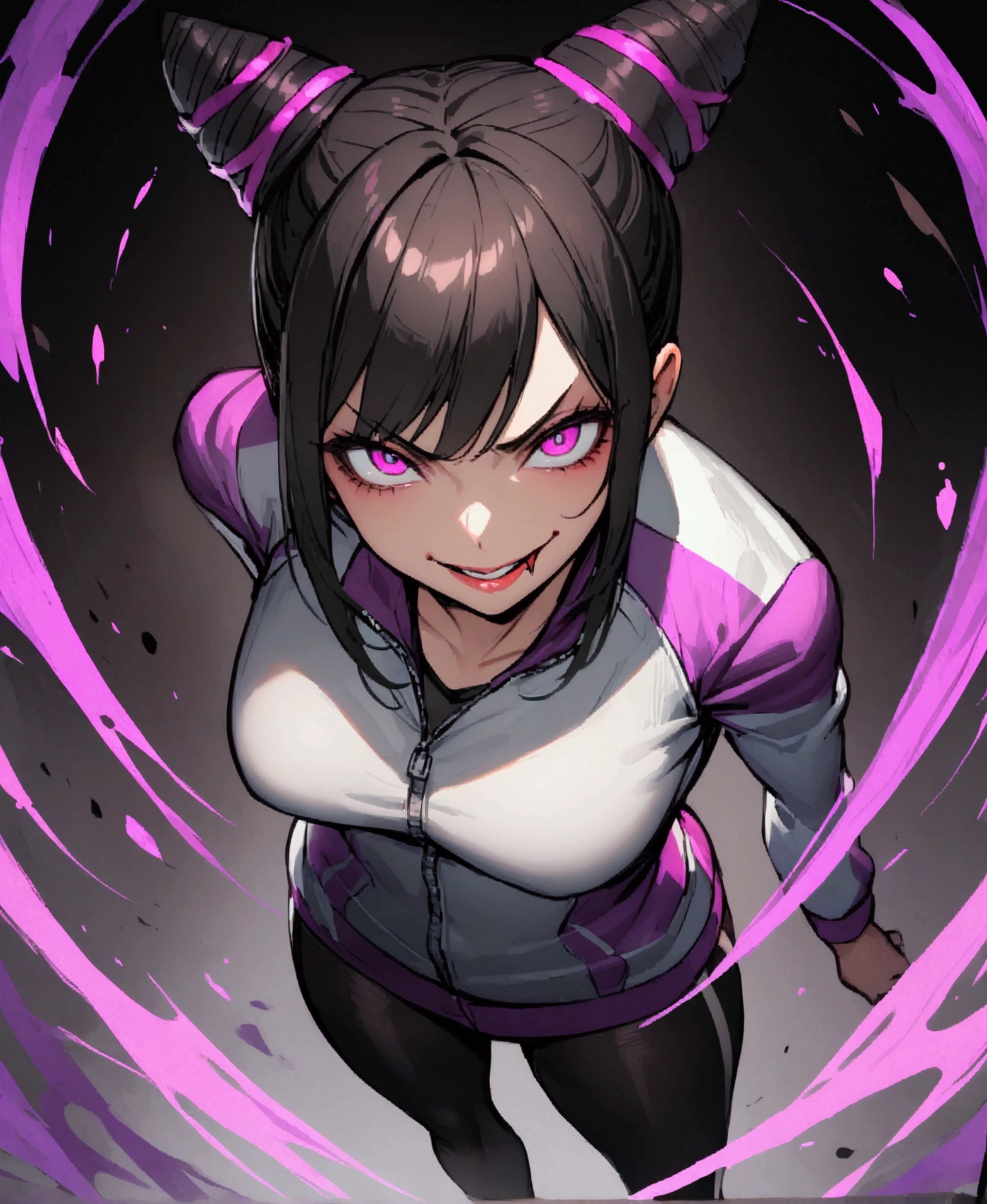 beautiful young fitness woman with , in a gym wearing May with black pantyhose, white and purple fitted gym jacket. standing alone,hair horns,bright purple eyes,Evil smile,legging preto