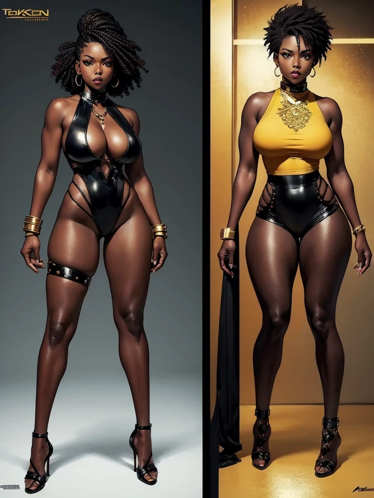 ((best quality)), ((4k)), ((highres)), ((masterpiece:1.2)). ((detailed)), ((ultra realistic)), ((intricate details)), ((full body picture)), ((character design sheet)), ((solo character)), a full body picture of a beautifull Ebony skinned female, black woman, dark skin, perfect face, detailed eyes, detailed lips, about 25 years old, about 5'5 ft. tall, punk black woman, punk style, side shaved CURLY hair ((emphasis on her side shaved CURLY hair)), muscular body, hourglass body type, thick and muscular, dressed in a golden top ((emphasis on her gold tank top)), and black leather pants, high heels, fighting game character concept art, tekken character design, the king of fighters character concept, full bofy, full body concept art, full body art