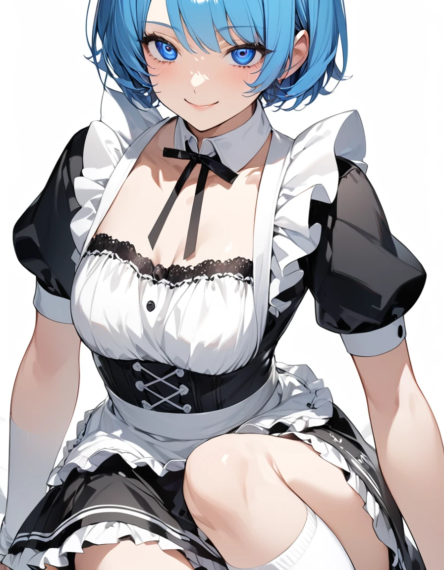 Beautiful girl in maid、(Top quality illustrations:1.2), (pretty girl:1.1), (1 girl、、Top quality illustrations:1.2), (1 girl、smile、Medium chest、Highly detailed eyes:1.2)、Bright blue hair、Short Bob Hair、(Black and white maid costume、White knee-high socks) 、White background、Simple Background
