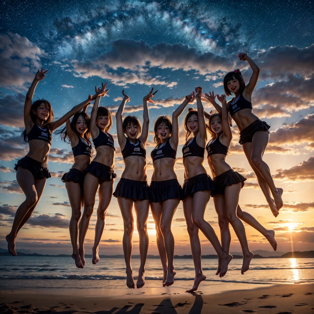 Masterpiece of ProfessionalPhoto ((ExtremelyDetailed (12 PICHIPICHI KAWAII Girls Floating in The Air in a row:1.37) in WHITE at Dusk Enoshima Beach)), {(Standing Full Body:1.2)|(from below:1.2)|Detailed KAWAII face}, Different types of hair colors, {(skinny(school swimwear))|(SchoolUniform)with Skinny AthleticShorts}, {(Corrected Childish hand)|Hidden hand|Different types of breasts|(Clearly Visible the shape of Butt)}, Joyful Expressions LifeLike Rendering, PerfectLighting, (Dazzling Horizon Visible through ThighGap), (Starry IridescentParticles:1.22) ColorfulClouds