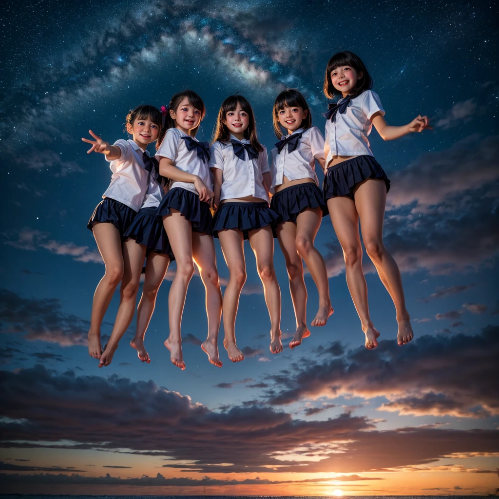 ManoErina, Masterpiece of ProfessionalPhoto ((ExtremelyDetailed (12 PICHIPICHI KAWAII Girls Floating in The Air in a row:1.37) in WHITE at Dusk Enoshima Beach)), {(Standing Full Body:1.2)|(from below:1.2)}, Different types of hair colors, {(skinny(SchoolSwimwear))|(SchoolUniform)with Tiny AthleticShorts}, {Detailed Childish hand|Hidden hand|Armpit|Different types of breasts of various sizes from HUGE to FLAT|(Clearly Visible the shape of Butt)}, Joyful Expressions LifeLike Rendering, PerfectLighting, (Dazzling Horizon Visible through ThighGap), (Starry IridescentParticles:1.22) ColorfulClouds