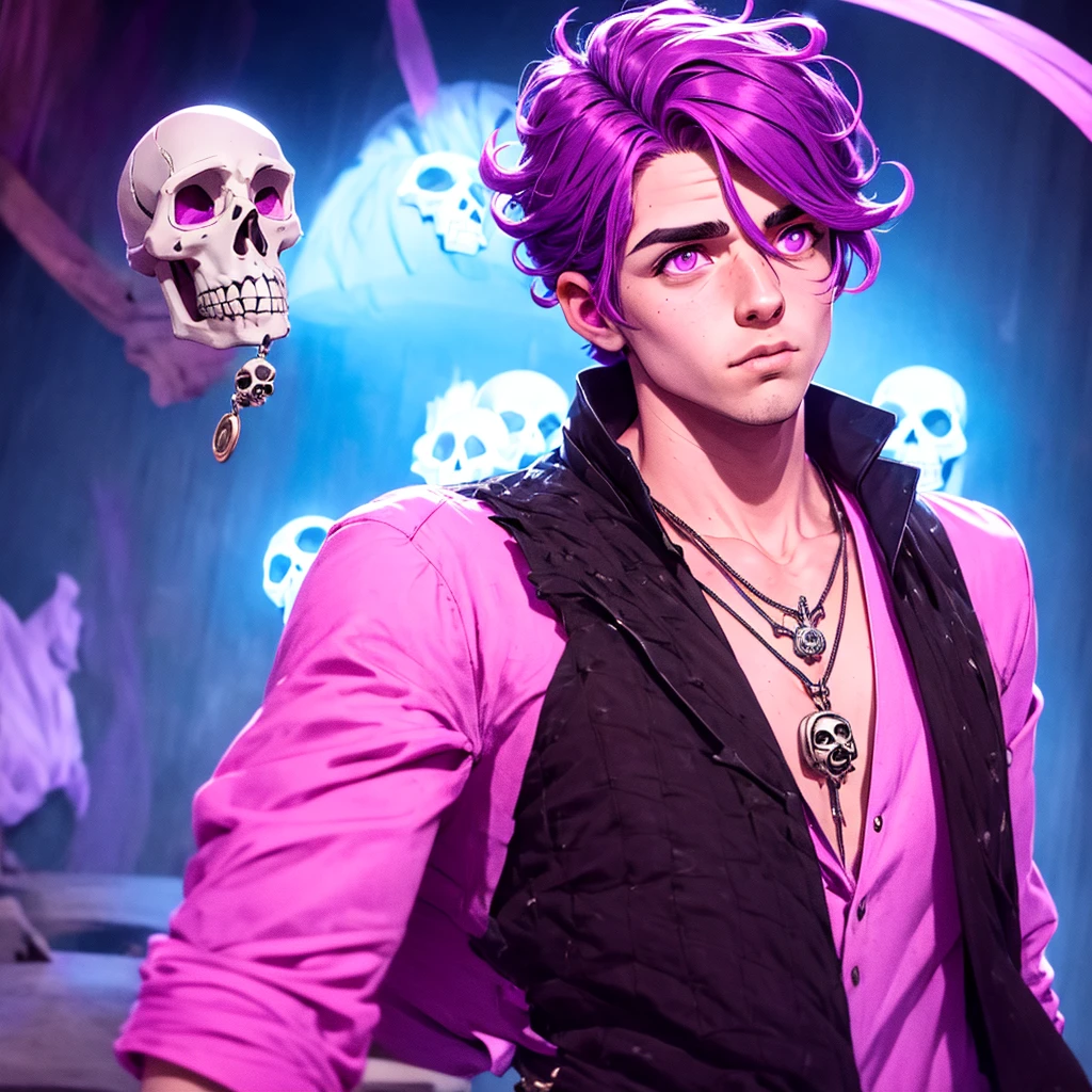 A young man with pink and purple eyes, short wavy black hair with pink and purple tips, wears a normal blouse and has a necklace with a skull pendant.